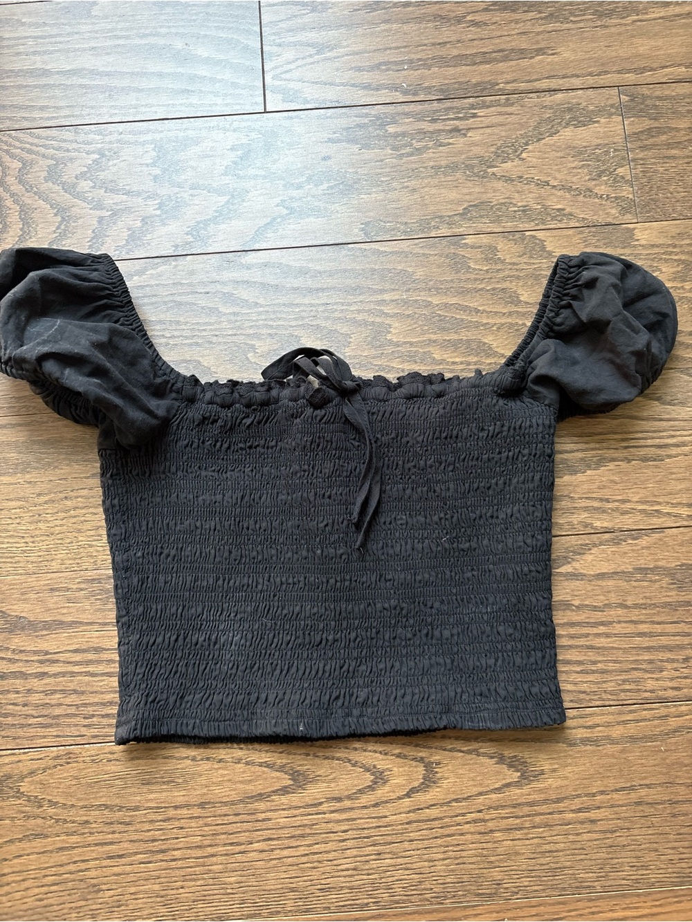 Garage Black Smocked Off-Shoulder Crop Top with Puff Sleeves
